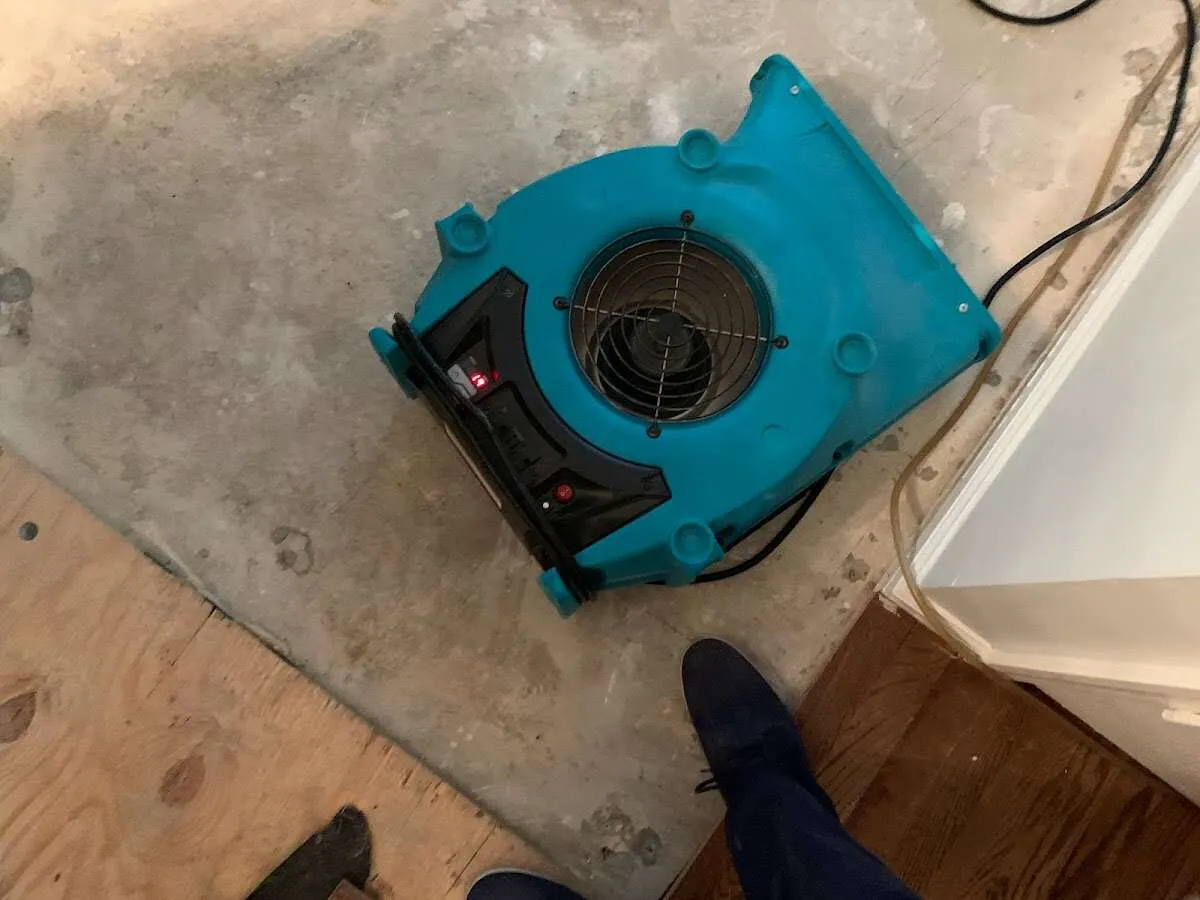 Air mover drying subfloor during Leak Detection & Repair in Yoakum